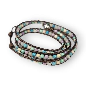 Gemstone Bead Wrap Bracelet Natural Quartz Agate Glass Faux Leather Pastel 20"